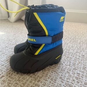 Sorel Kids' Black and Blue Snow Boots with Yellow Accents